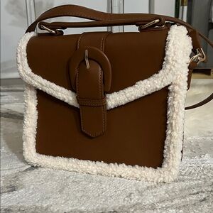 Brown Shearling-Trimmed Crossbody Bag